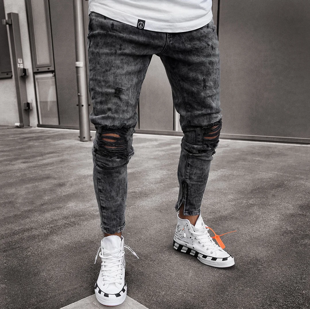 Pantaloni tip jeans pentru bărbați, model la modă stil slim, pantaloni cu fermoar și modele aplicate la nivelul genunchiilor