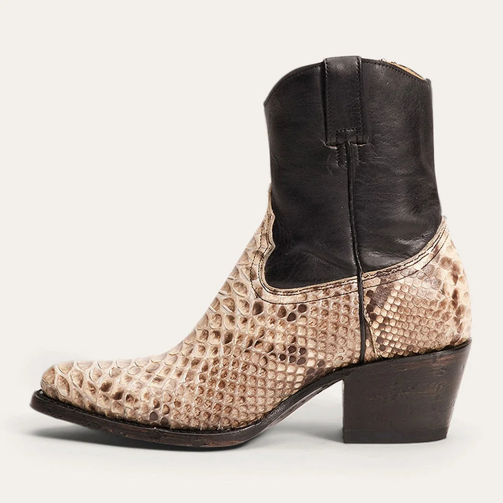 Python-Embossed Patchwork Almond Toe Chunky Heel Short Cowgirl Boots