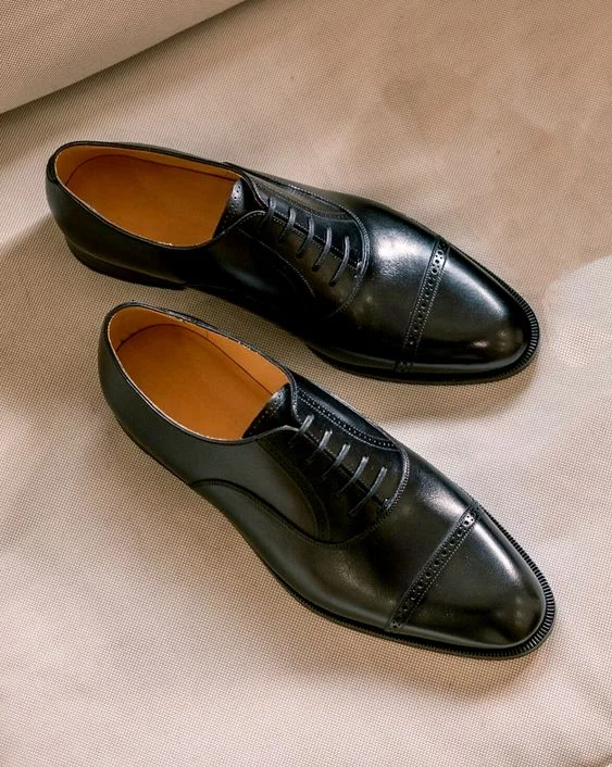 Men's Handmade Black Oxford Leather Wingtip Dress Shoes