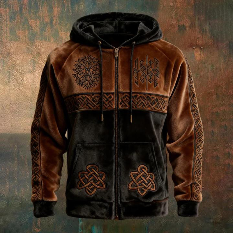 Men's Vintage Viking Tree Of Life And Celtic Knot Pattern Plush Zip-up Cardigan elevenforest