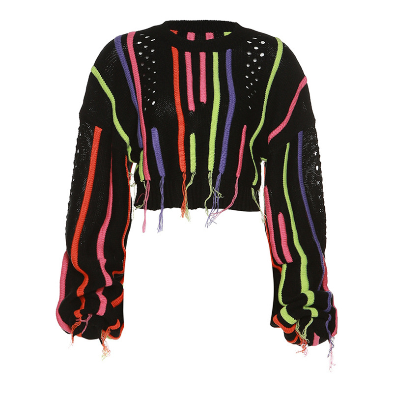 Women Clothing Autumn Winter Street Shooting Knitwear Color Matching Tassel Wild Casual Sweater - Ootddress