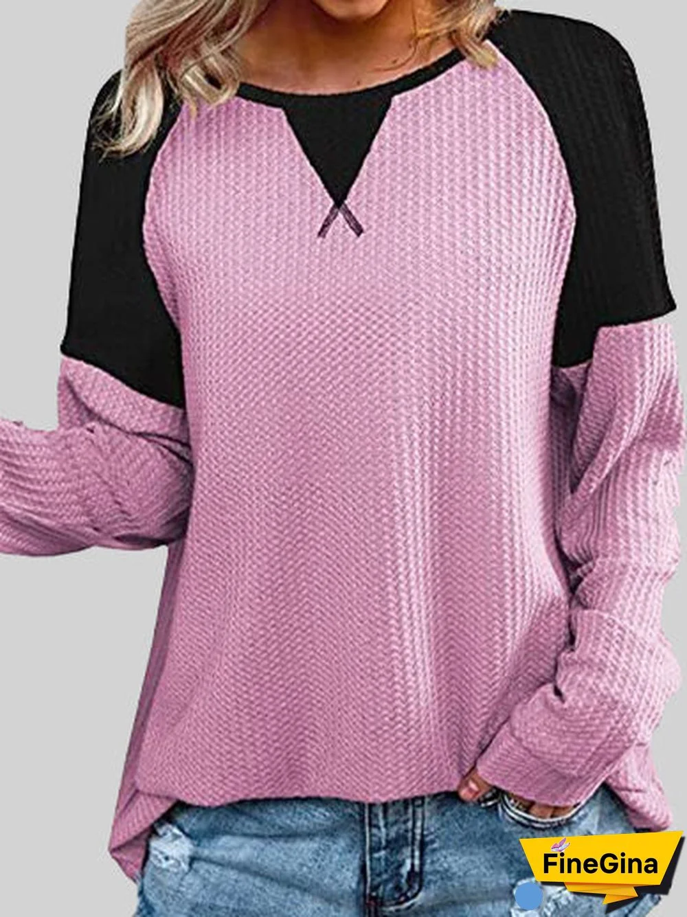 Women's Stitching  Solid Color Scoop Neck Long Sleeve Top