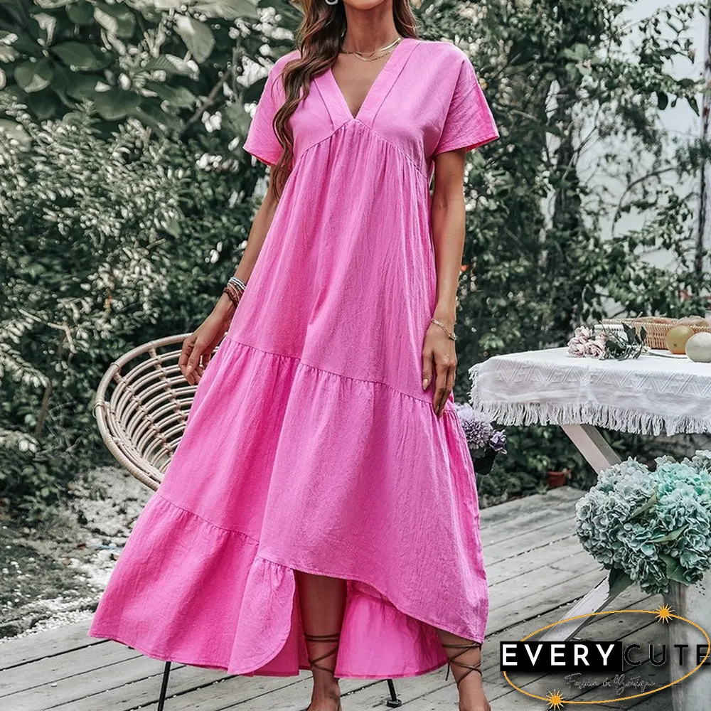 Elegant V-Neck Loose Solid Cotton A-Line Dress For Women Summer New