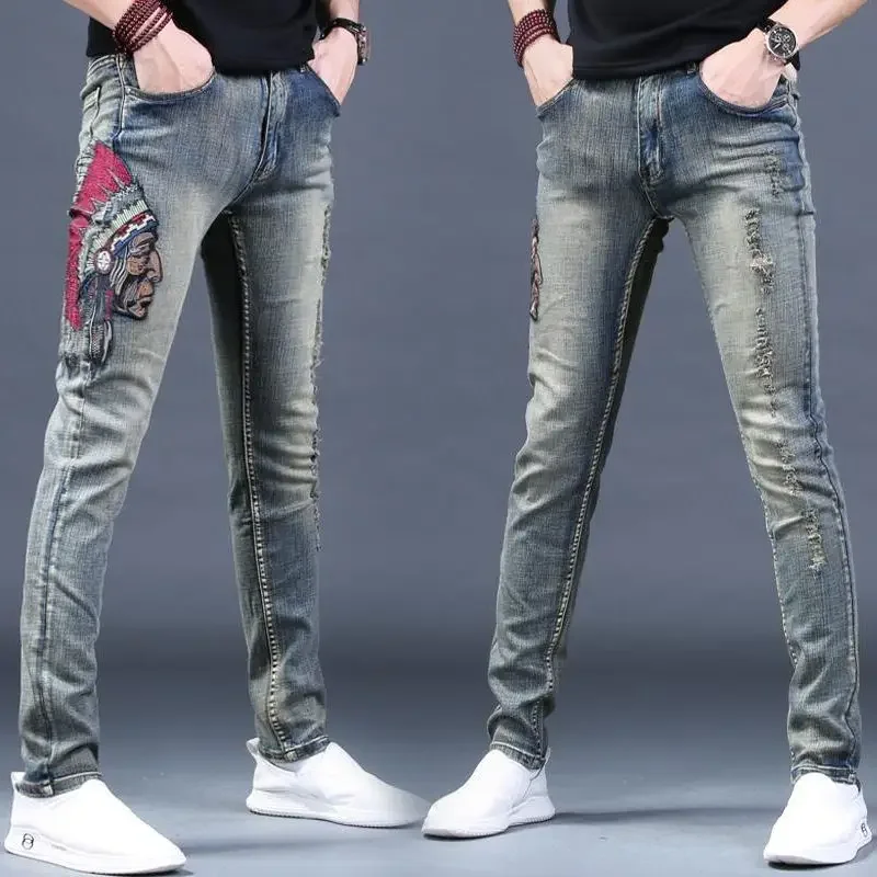 Gamechancemagic Trousers Graphic Broken Man Cowboy Pants Ripped Torn Men's Jeans Tight Pipe Skinny Embroidery with Holes Vintage Slim Fit Y 2k
