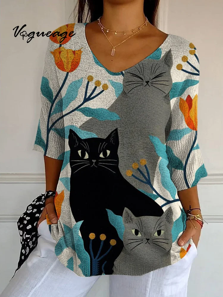 Fashion Cute Cat And Plants Knitted Sweater