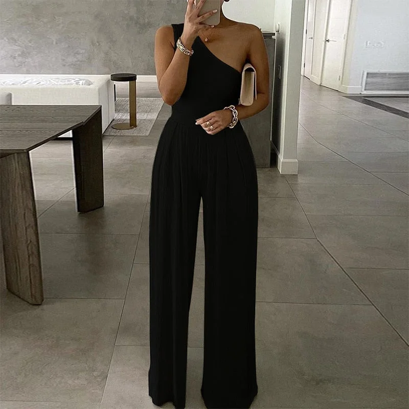 Elegant Office Lady Wide Leg Jumpsuit Sexy Off Shoulder Women Rompers Bodysuit Summer Fashion Solid Color Overalls Playsuits 224