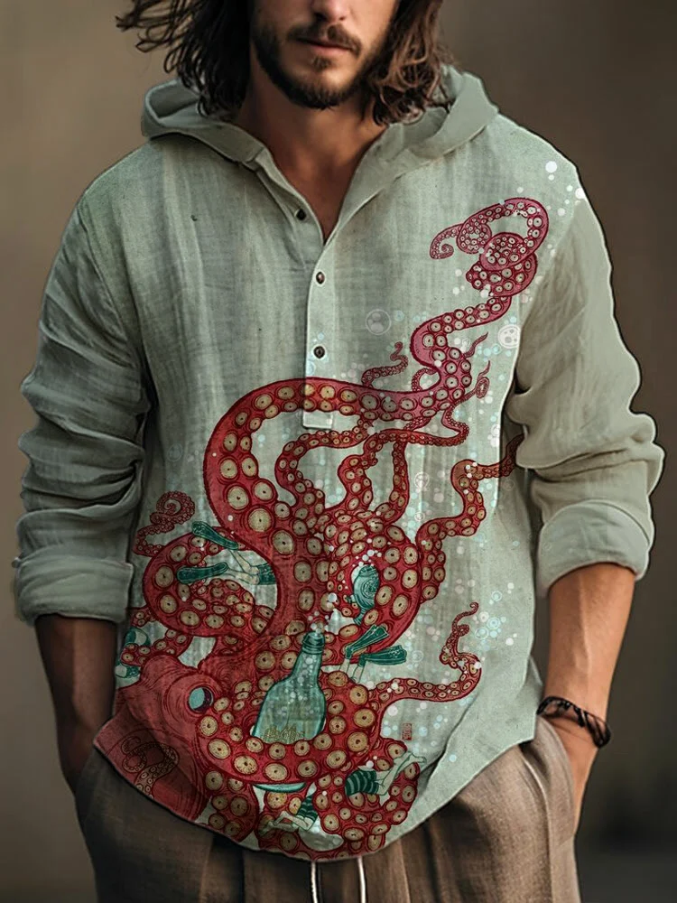 Ocean Octopus Japanese Art Linen Blend Hoodie