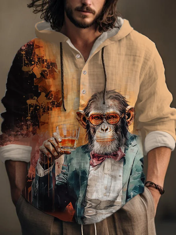 Men's Funny Monkey Gentleman Whiskey Oil Painting Print Hooded Shirt