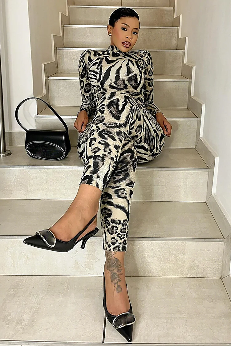 Leopard Print High Neck Long Sleeve Slim Fit Jumpsuit-Grey
