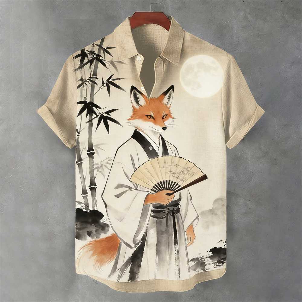 Japanese Fox Pattern Vintage Men's Linen Short Sleeve Shirt  artssus