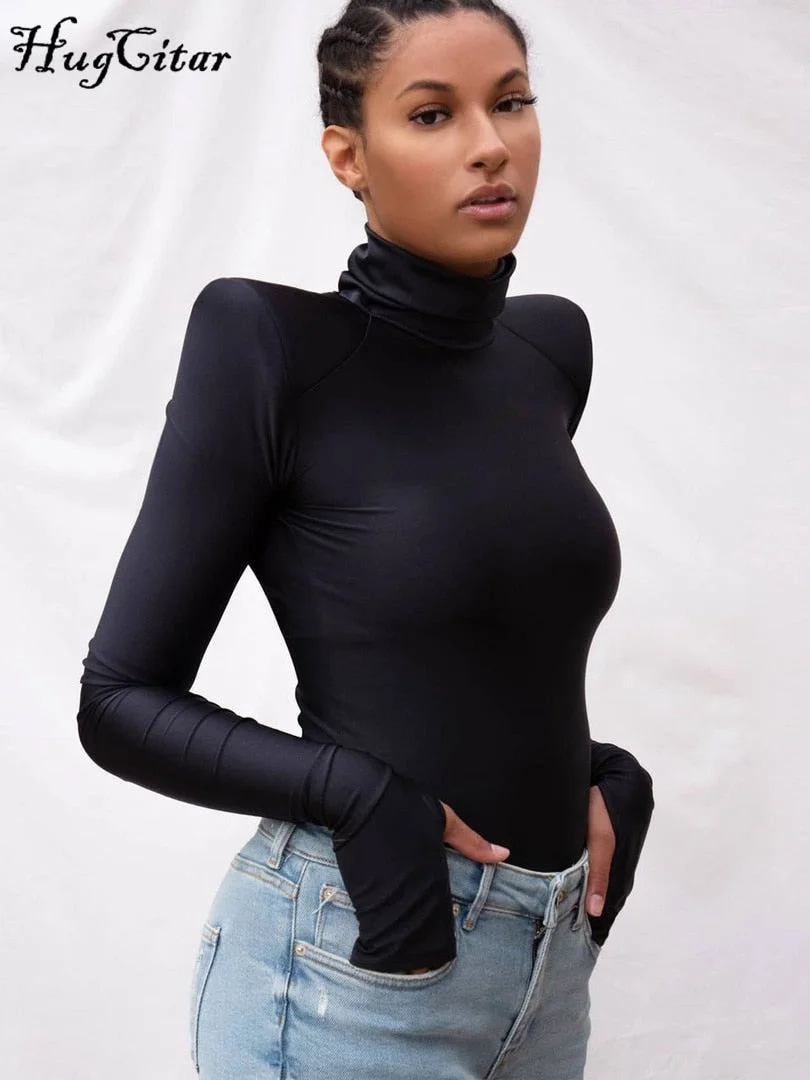 Hugcitar Solid Satin Long Sleeves With Shoulder Pads Turtleneck Slim Bodycon Sexy Bodysuit 2021 Fall Winter Women Party Y2K