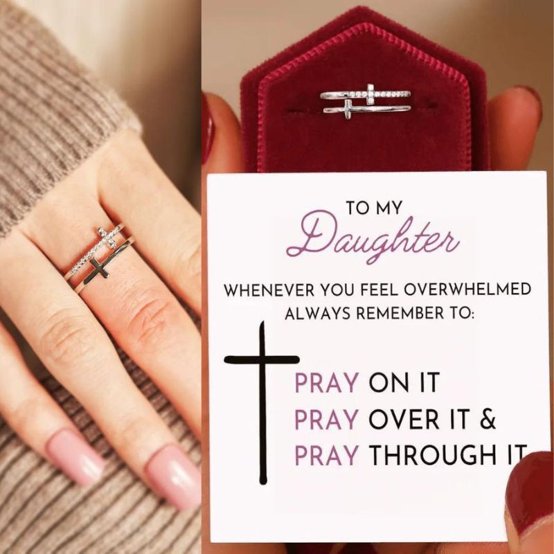 Unique Gift To My Daughter "Pray Through It" Twin Band Cross Ring