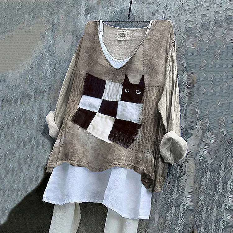 Vintage Patchwork Abstract Cat Sashiko Art Linen Blend Blouse