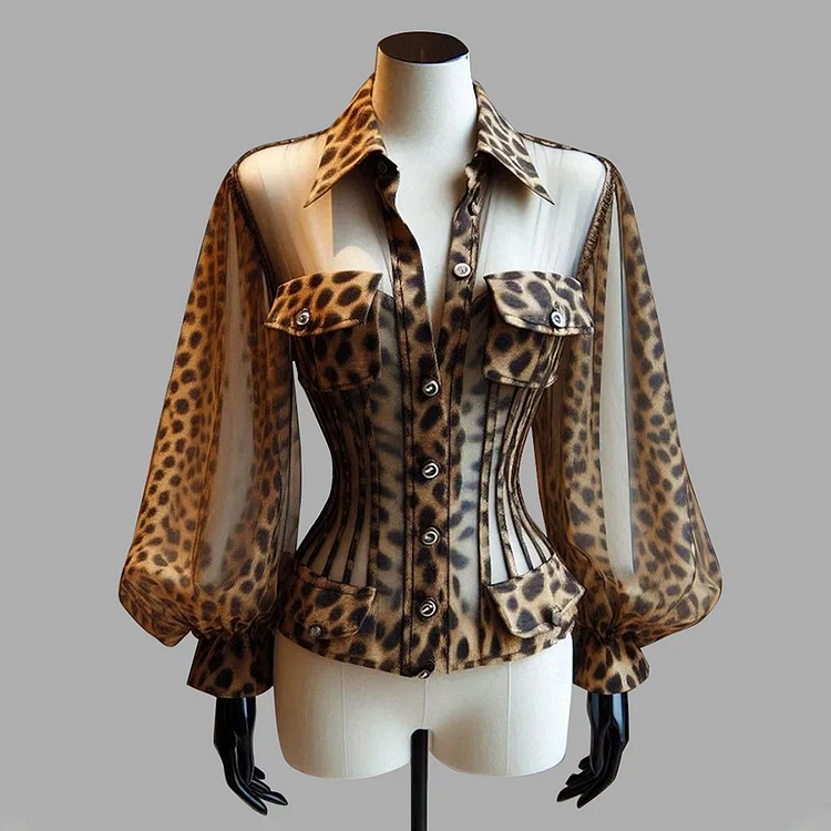 Party Leopard Pattern Lantern Sleeve Flap Pocket See-Through Blouse