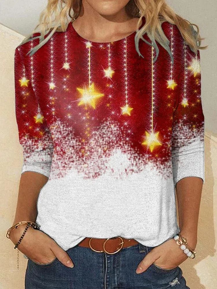 Christmas Print Long-sleeved Round Neck Casual T-shirt