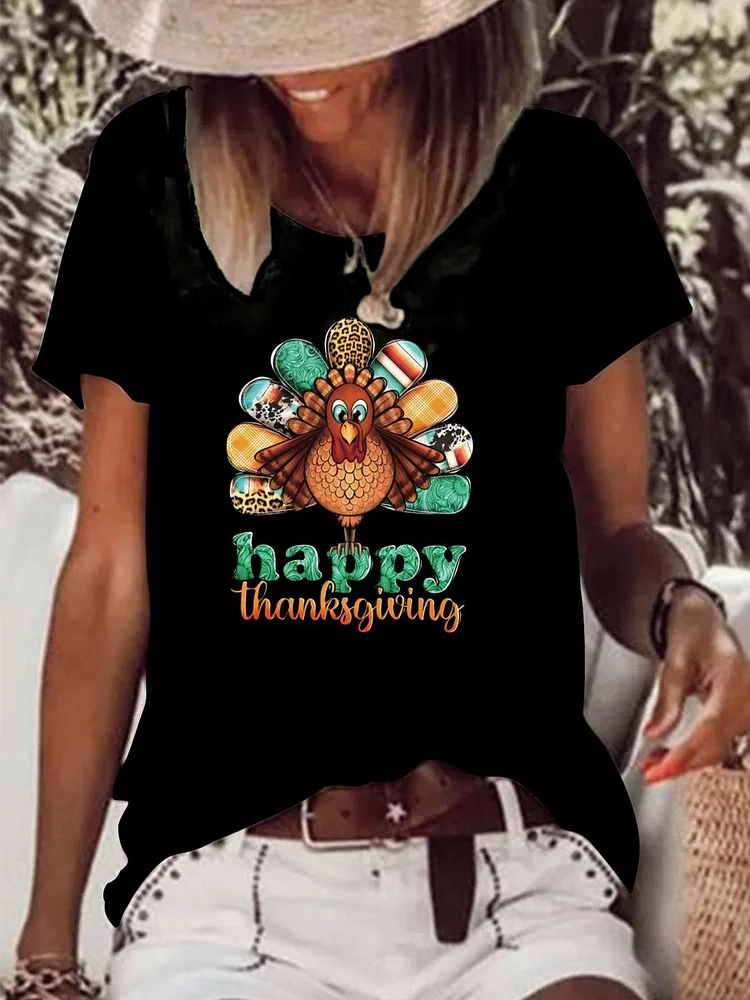 Happy Thanksgiving Turkey Raw Hem Tee-Annaletters