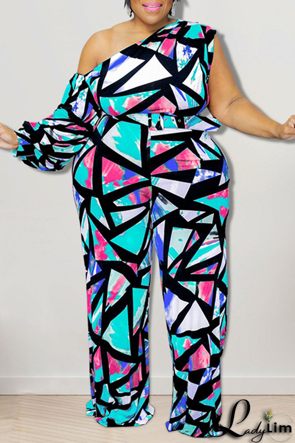 Blue Casual Print Split Joint Oblique Collar Plus Size Jumpsuits