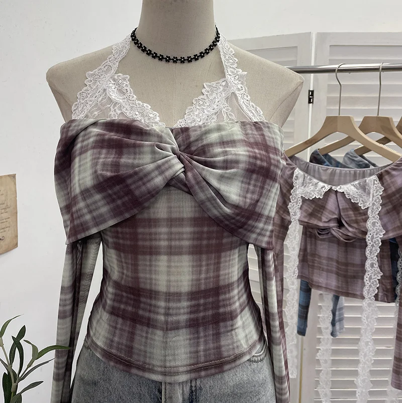 Nigikala Nigikala Hanging Neck Shoulder Mesh Yarn Long-Sleeved Top Design Y2k Short Repair T-Shirt 8070