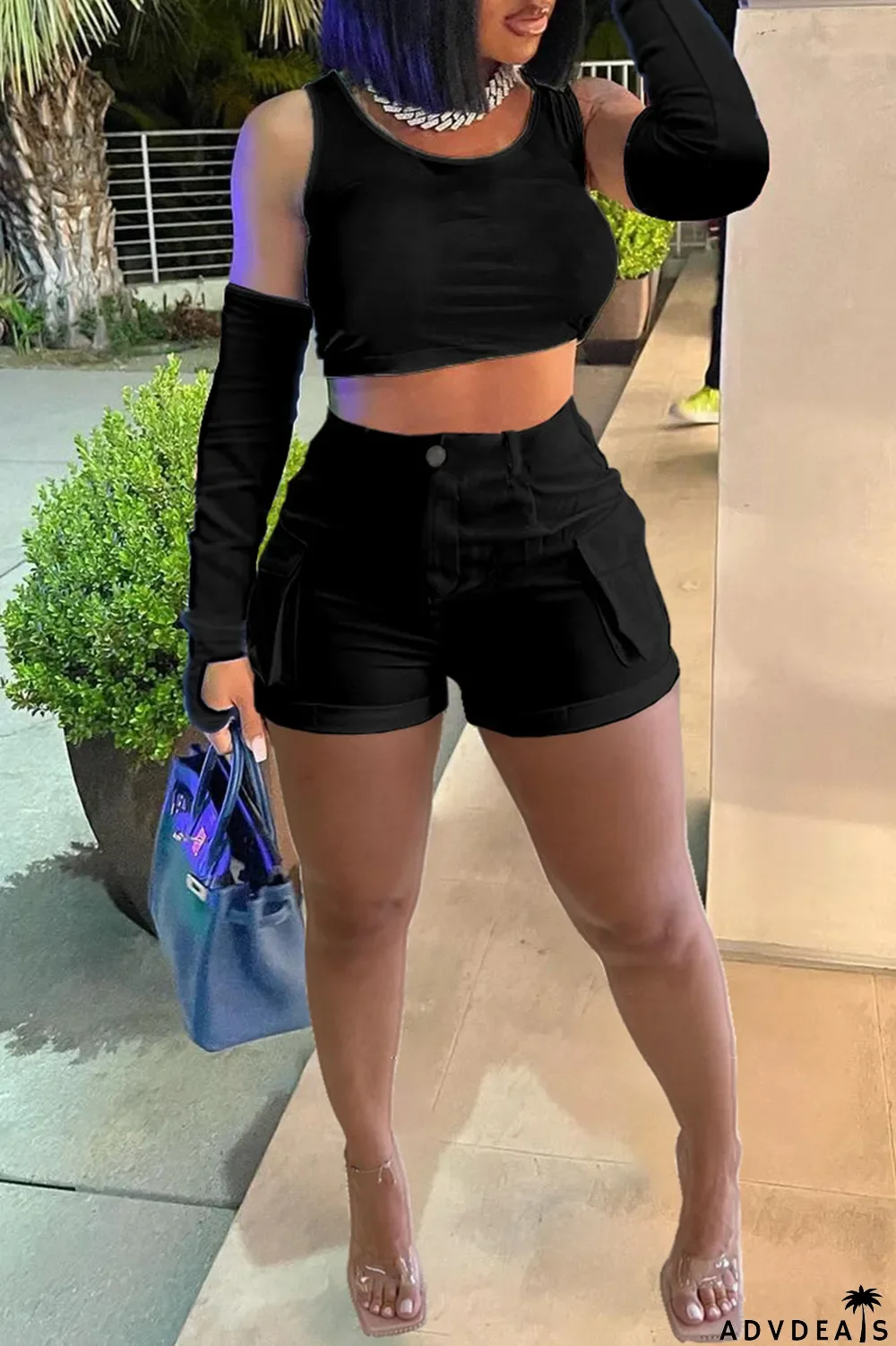 Khaki Casual Solid Basic O Neck Four Piece Set (With Sleeves)