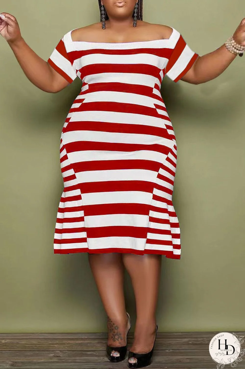 Red Casual Striped Print Patchwork Off the Shoulder Short Sleeve Dress Plus Size Dresses