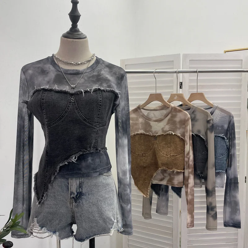 Uveng Vintage Dye Mesh Spliced Denim Shoulder Long-Sleeved T-Shirt T-Shirt T-Shirt Dress 2617