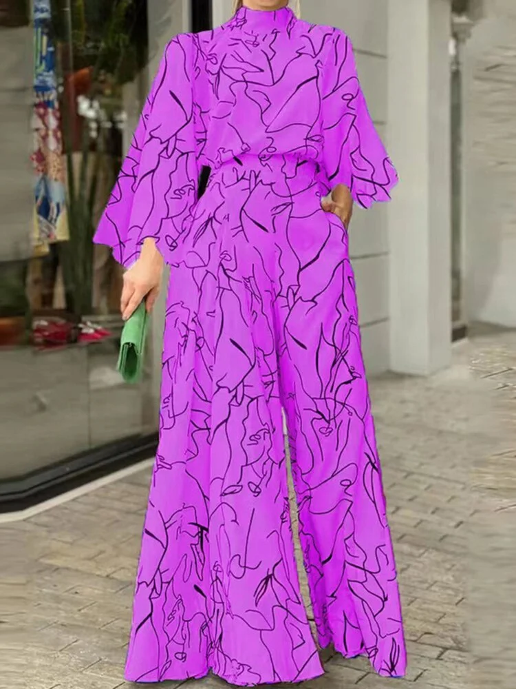 Spring Autumn Women's Elegant Print Long Sleeve Loose Jumpsuit 2023 Casual O-neck Pocket Wide Leg Jumpsuit Woman Party Jumpsuit