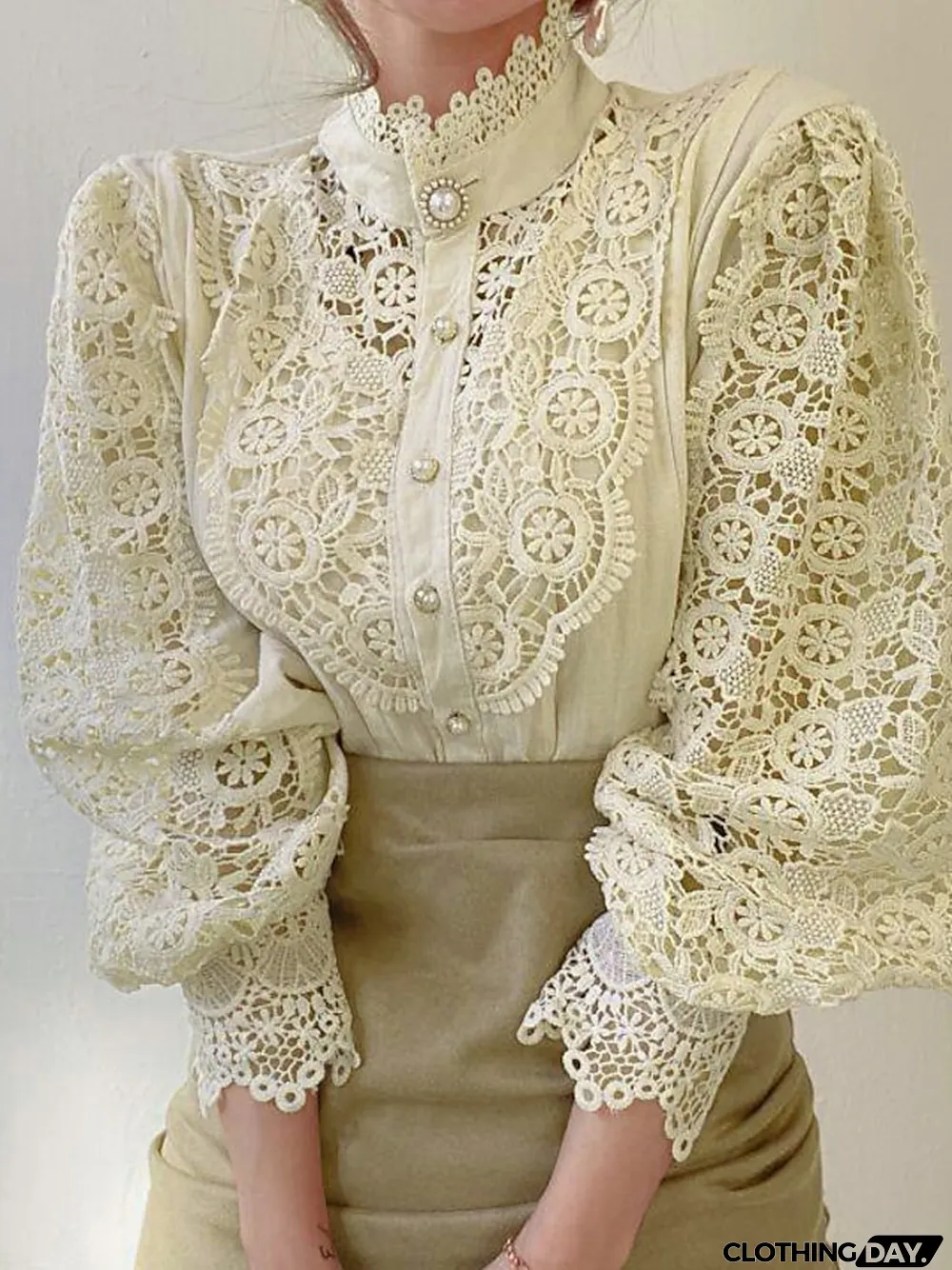 Women's Lace Shirt Shirt Going Out Tops Blouse Plain Party Club Black White Apricot Lace up Long Sleeve Elegant Vintage Fashion Standing Collar Spring Fall