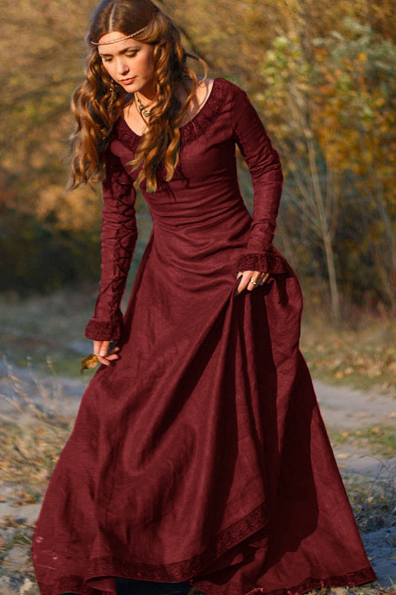 Medieval Party Red Ruffle Round Neck Long Sleeve Maxi Dress