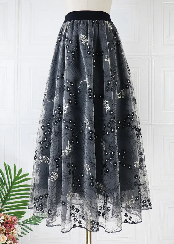 Original Design Black Embroidered High Waist Tulle Skirts Spring