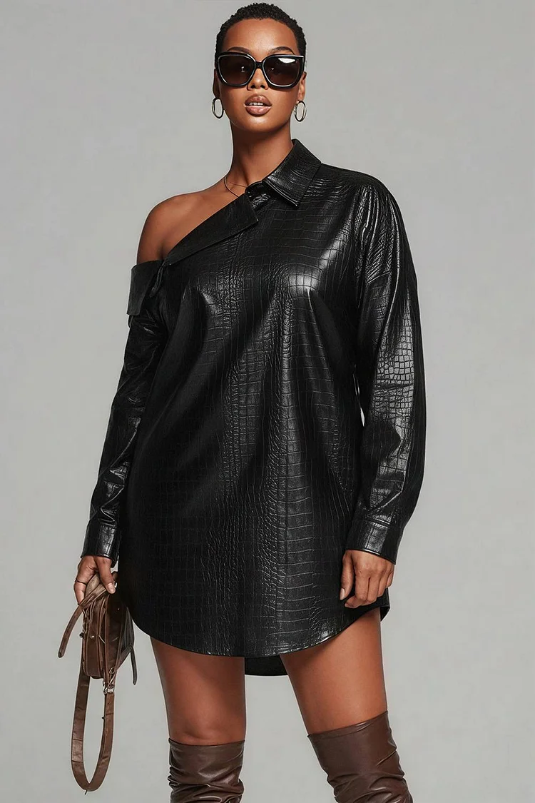 Xpluswear Design Plus Size Party Brown Oblique Collar Long Sleeve Crocodile Embossed Casual PU Leather Mini Dresses 2024 - Xpluswear
