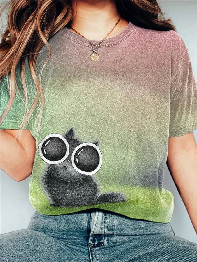 Women's Funny Cat Art Print Casual Tee