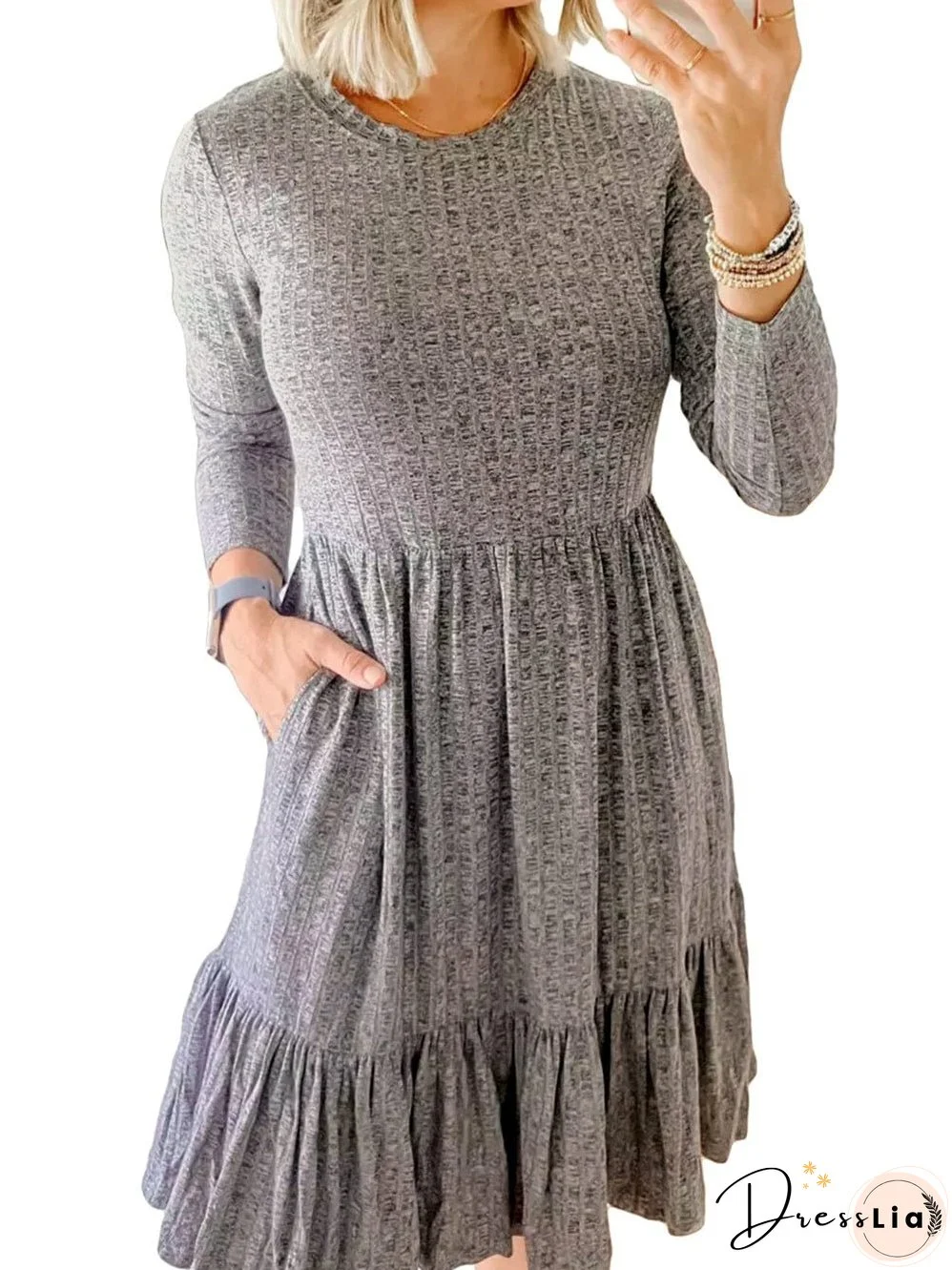 Textured Gray Ruffle Detail A-Line Midi Dress