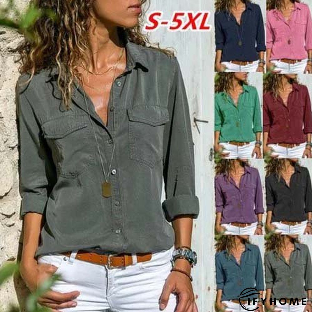 Women Fashion Turn Down Collar Solid  V Neck Long Sleeve Blouse | IFYHOME