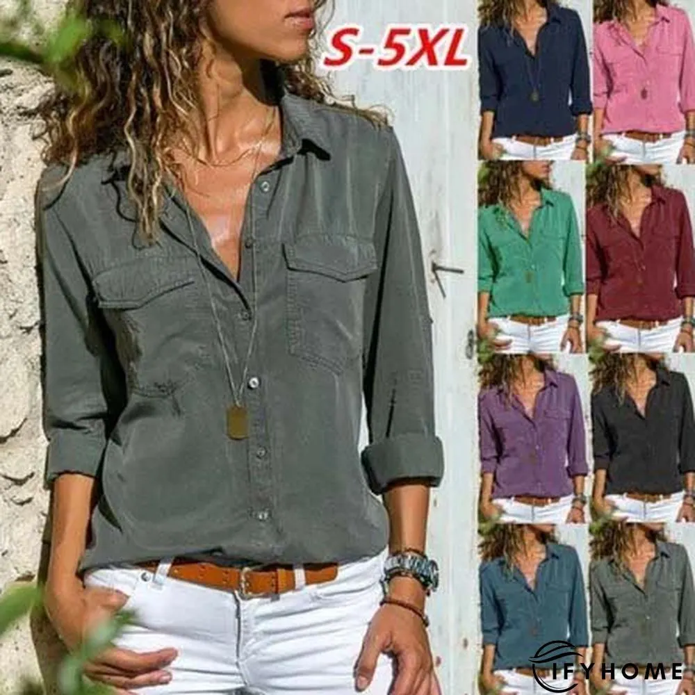 Women Fashion Turn Down Collar Solid  V Neck Long Sleeve Blouse | IFYHOME
