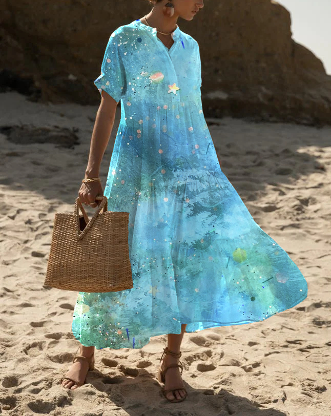 Women's Blue Short Sleeve Stand Collar Beach Vacation Loose Dress socialshop