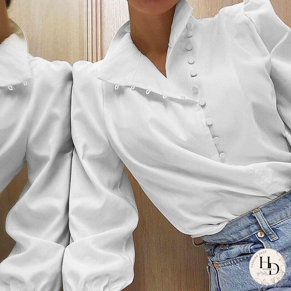 Elegant Turtleneck Blouse Long Sleeve White Shirt Office Ladies Top Casual Solid Single-Breasted Puff Sleeve Womens Blouses