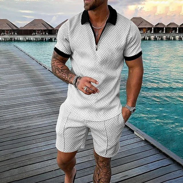 Men's Contrast Binding Zipper Lapel Collar Short Sleeve Polo Shirt