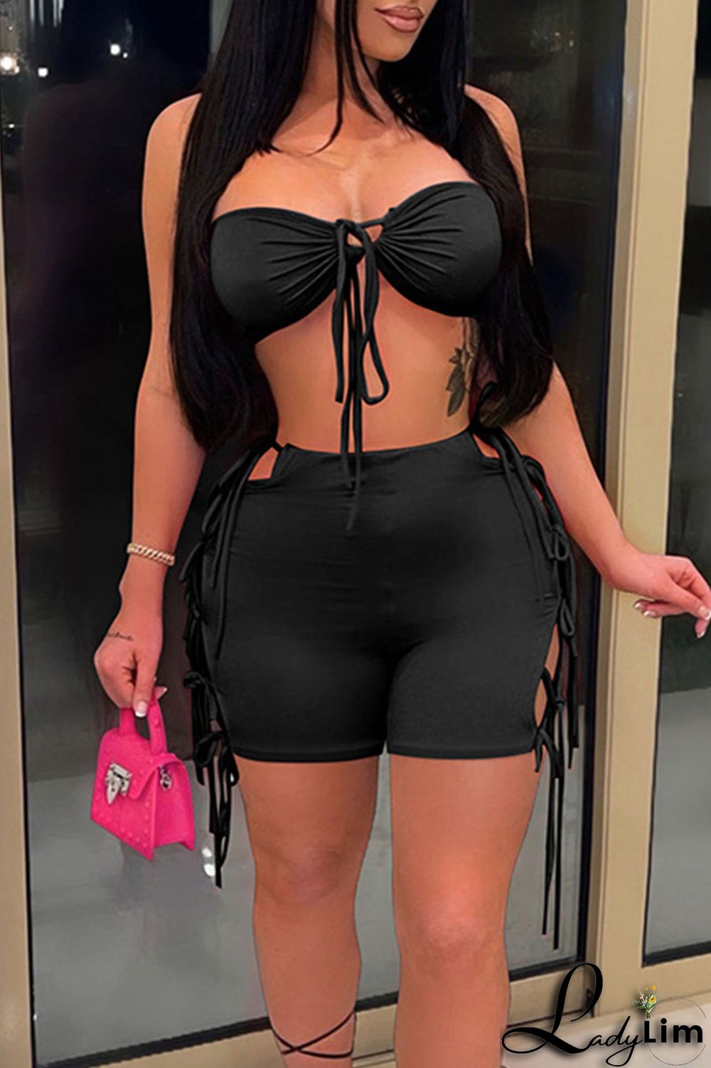 Red Sexy Solid Split Joint Frenulum Strapless Sleeveless Two Pieces