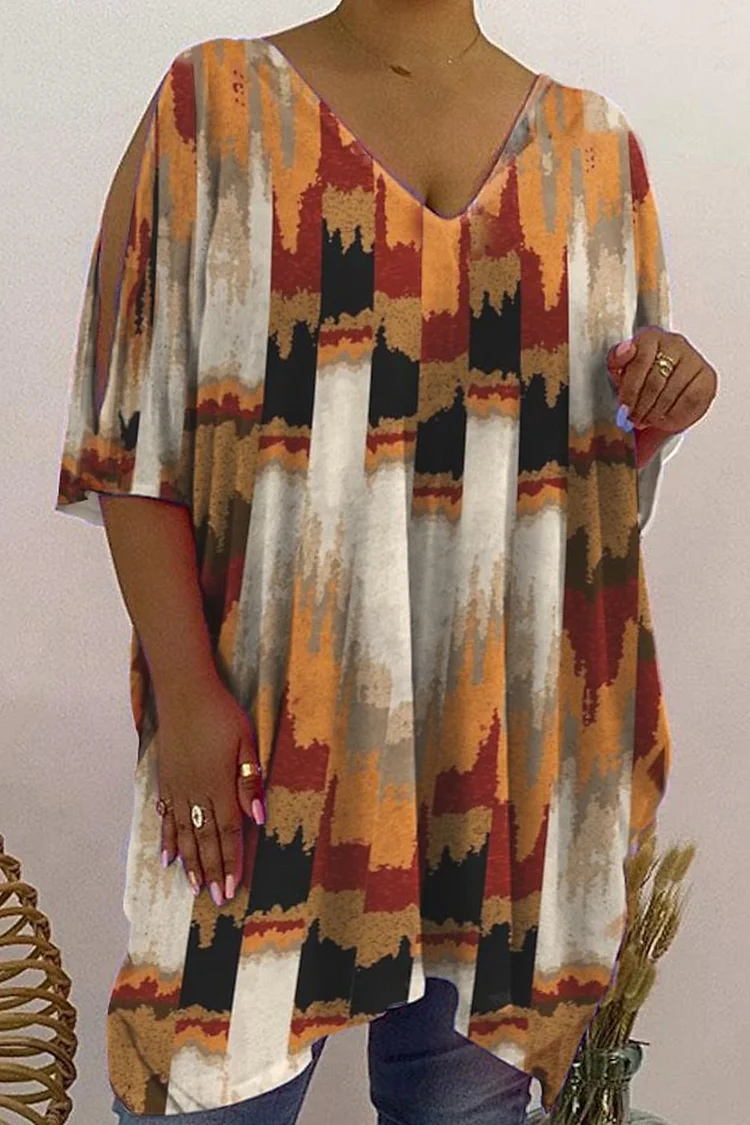 Flycurvy Plus Size Casual Brown Ombre Plaid Print Cut Out V Neck Blouse  Flycurvy [product_label]