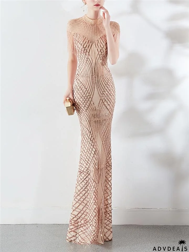 Stunning Sequined Round Mermaid Maxi Dress for Formal Party