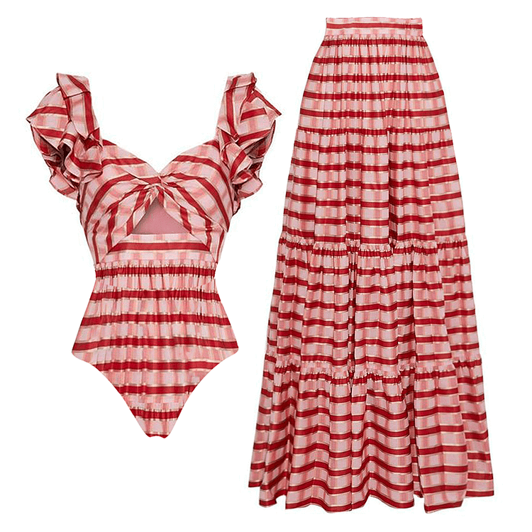 Ruffle Red Striped Printed Cut Out One Piece Swimsuit and Skirt(Shipped on Jun 8th)