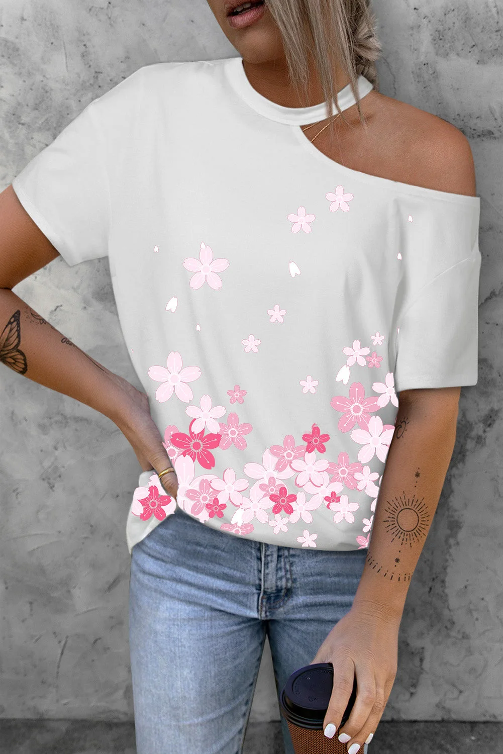 Cherry Blossoms Asymmetric Cold Shoulder Paneled Casual Short Sleeves T-shirt
