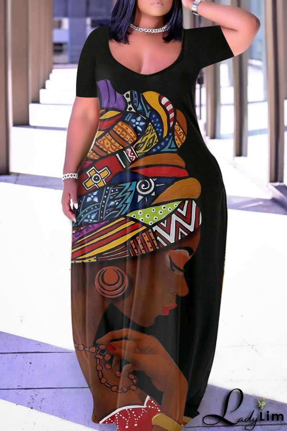 Black Brown Fashion Casual Plus Size Print Patchwork V Neck Short Sleeve Dress