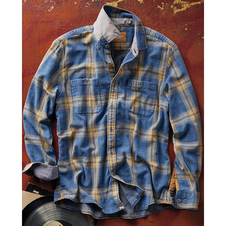 Men'S Basic Checked Long-sleeved Cotton Shirt