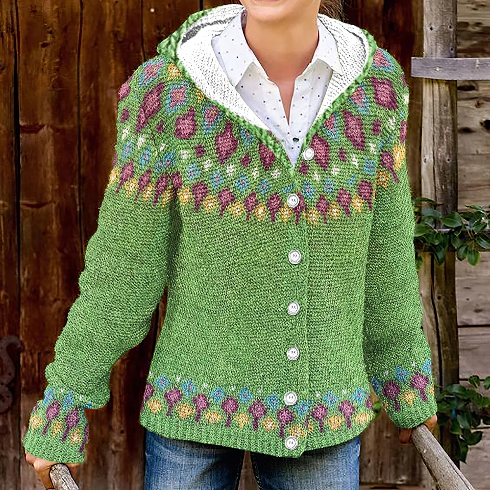 Fairman Island Geometric Contrast Print Button Knit Cardigan