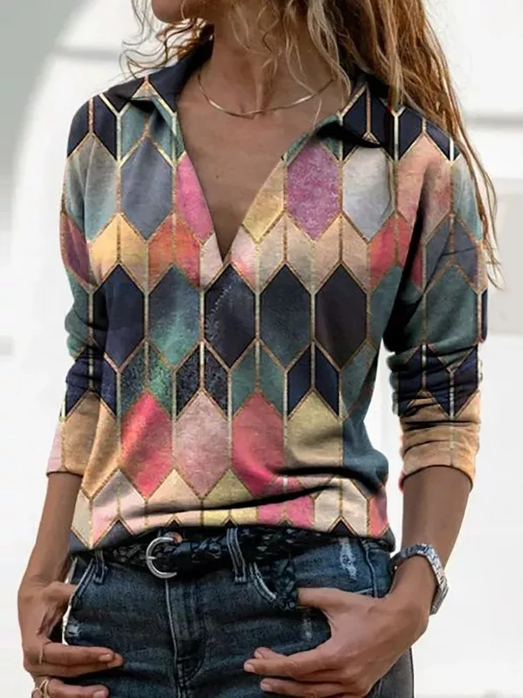 Geometric Diamond Print V-Neck Long Sleeve Casual T-Shirt