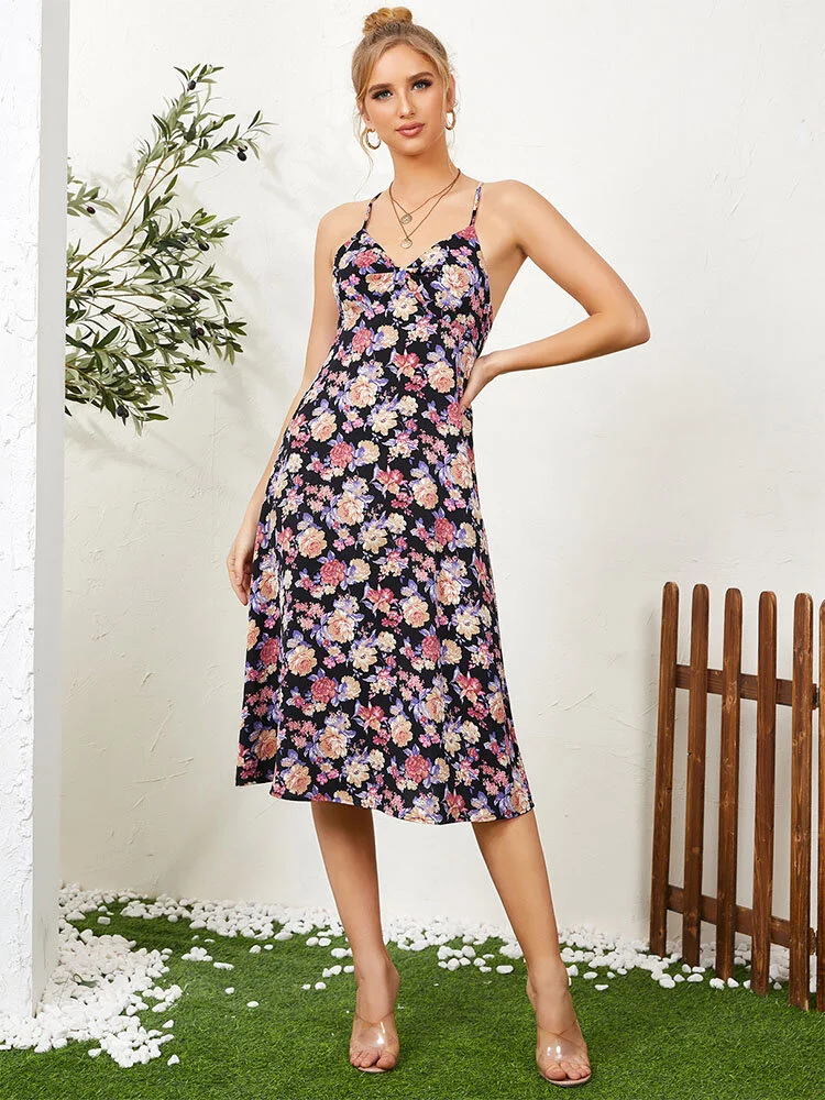 Flower Print Off The Shoulder Backless Sexy Dress