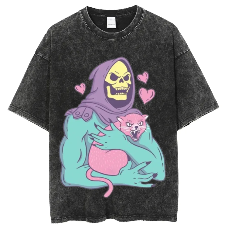 Funny Skull Cat Vintage Batik Washed Print T-shirt