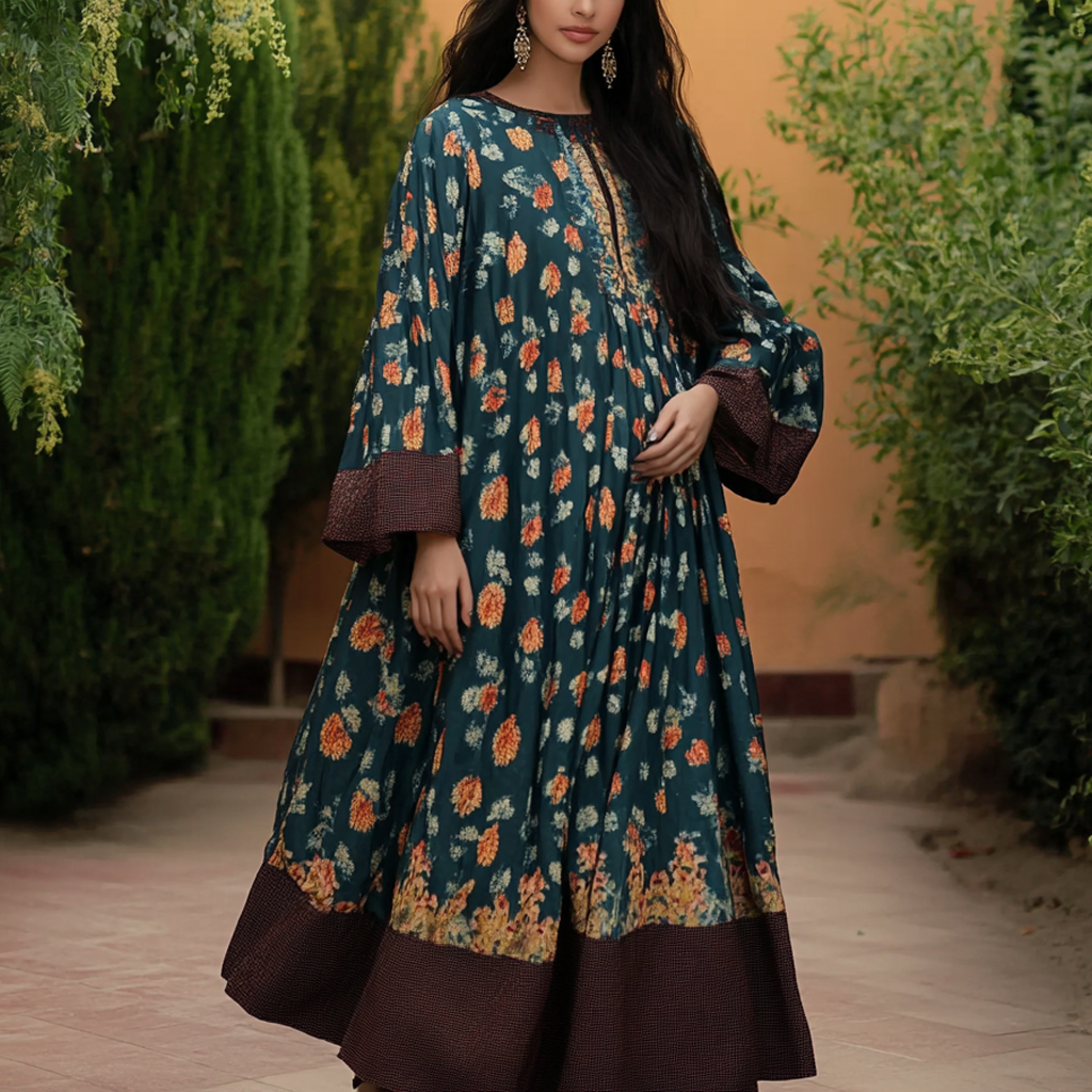 Women's Middle Eastern Floral Print Contrast Color Stitching Temperament Four Seasons Robe Dress