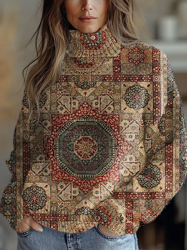 Vintage Symmetry Art Print Knit Turtleneck Pullover Sweater